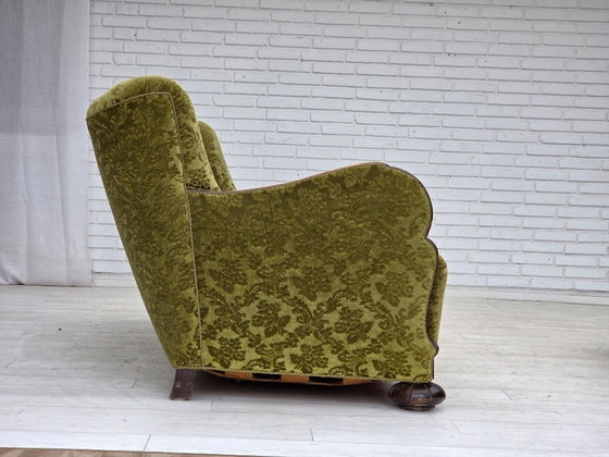 Image 1 of 1960s, Danish 3-seater sofa, furniture velour, carved oak wood.