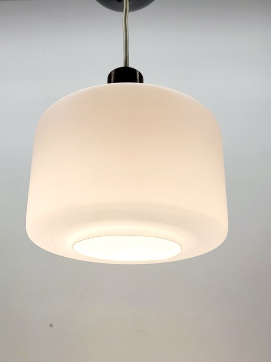 Image 1 of Vintage opaline glazen hanglamp, Scandinavische stijl, teak en messing, jaren 60