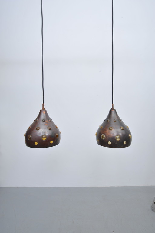 2x copper ceiling light with stained glass (1960s)