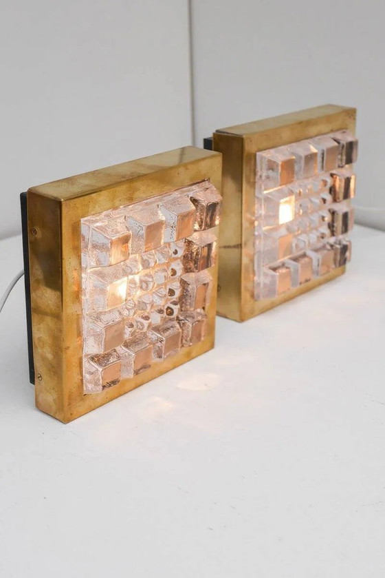 Image 1 of Schwedische brutalistische Wandlampen aus Glas und Messing von Falkenbergs Belysning, 2er-Set