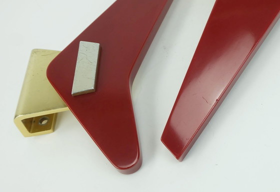 Image 1 of a pair of very rare mid-century door handles push handles red bakelite and aluminum 1950s streamline bungalow