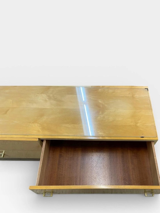 Coiffeuse / Commode Vintage Mid Century – Placage Érable – Poignées Laiton – Plateau Verre – Années 50/60 – (photo 6 of 17)