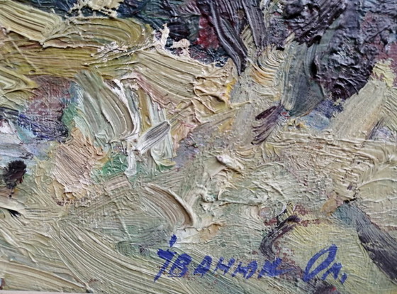 Origineel olieverfschilderij: Natuurlandschap, Dorp, Platteland Koude Dag – Schilderijen & Tekeningen (photo 10 of 11)