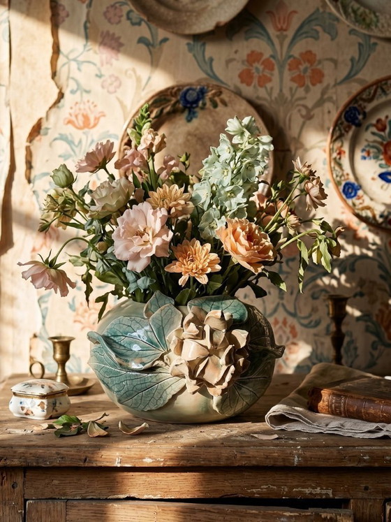 Image 1 of Vaso rotondo con decorazione floreale in rilievo, in ceramica artigianale, firmato Dina vintage.