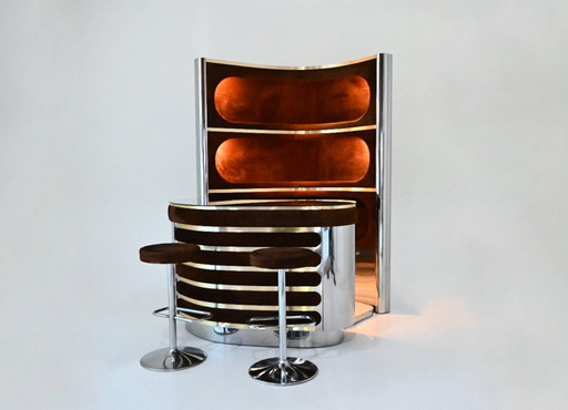 Ensemble de bar avec 2 tabourets dans le style de Willy Rizzo, 1970