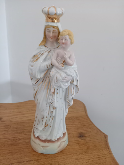 Figurine ancienne en porcelaine du Vieux Paris représentant la Vierge à l'Enfant – vers 1900