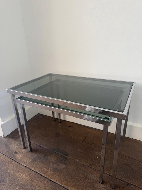 Image 1 of Vintage design bijzettafels / miniset chroom blad van (rook) glas 