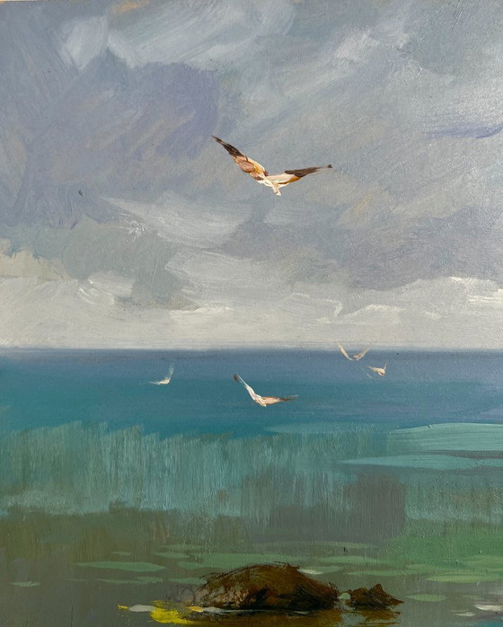 Image 1 of Original Oil Painting Sea Coastal Landscape Harbor at the foot of the hills