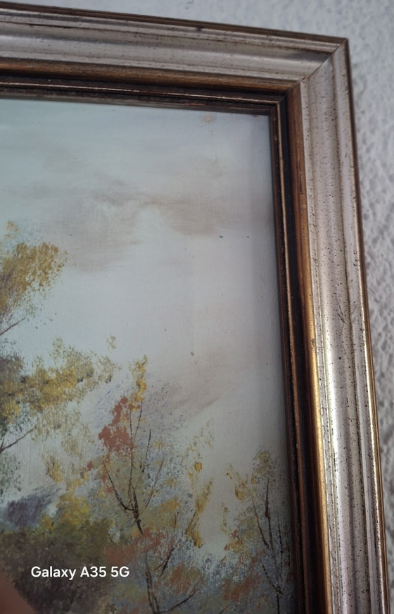 Image 1 of Oud olieverfschilderij, winterlandschap / schaatsers, gesigneerd Hoffmann, met lijst.