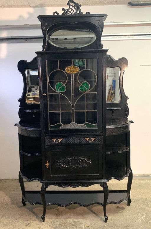 Large display cabinet in blackened wood, late 19th/early 20th century