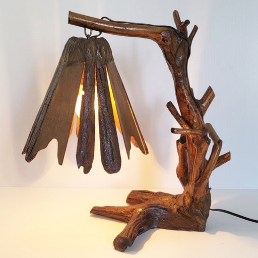 Vintage 1970s Brutalist Organic Plant-Based Carved Wood Table Lamp