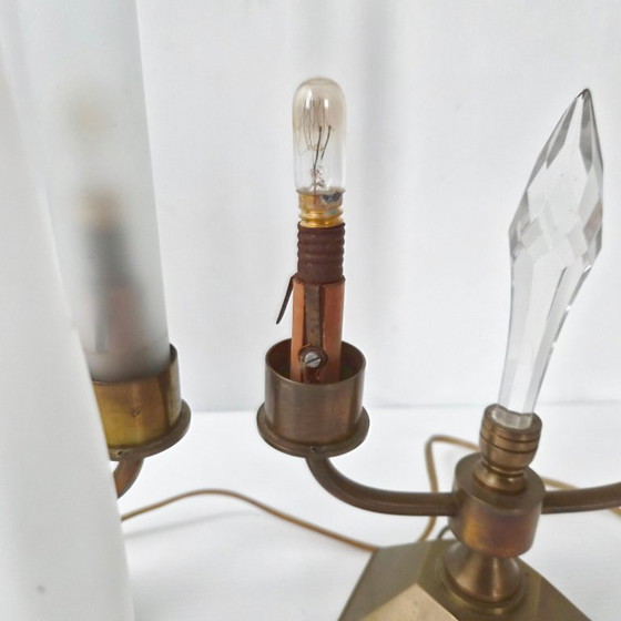 Image 1 of Pair of vintage 1950s brass and glass candle lamps, Art Deco style.