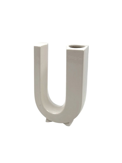 Space age witte U lettervormige keramische solifleur vaas, Marcel Radureau ca. 1970