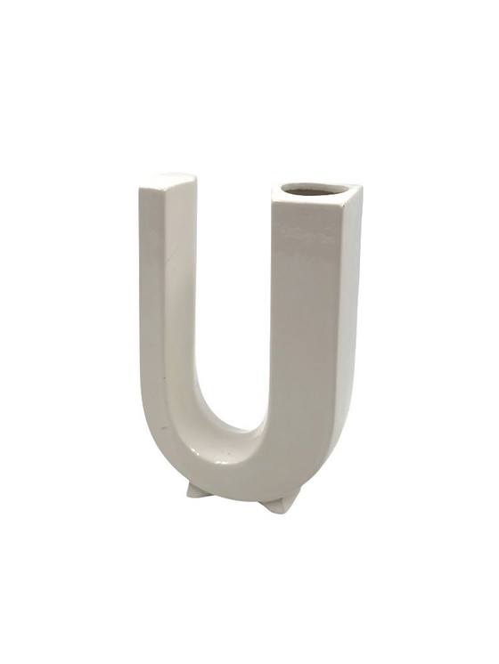 Image 1 of Space age white U letter shaped ceramic solifleur vase, Marcel Radureau ca. 1970