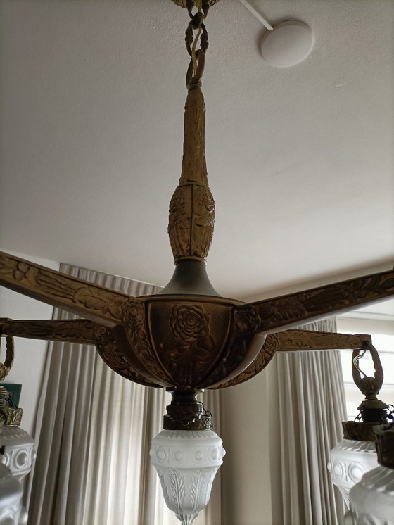 Image 1 of Lámpara de araña de bronce – estilo Art Nouveau – pesada y elegante