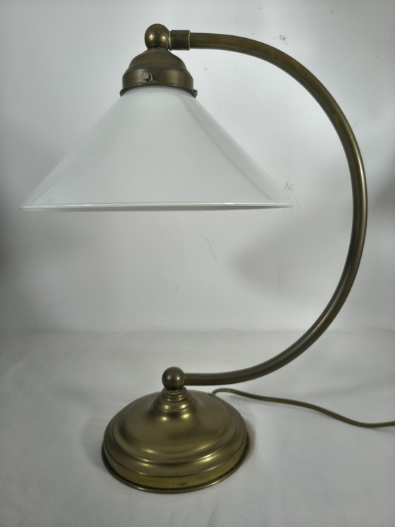 Image 1 of Vintage table lamp with brass look and opal glass shade – Hollywood Regency style