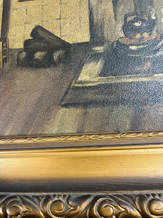 Antique oil painting on wooden panel (1920) – Signed – Interior with fireplace – Includes original frame (photo 7 of 10)