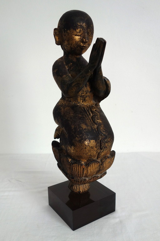 Statue en Bois Doré d'Adorant en Prière, Birmanie, XXème