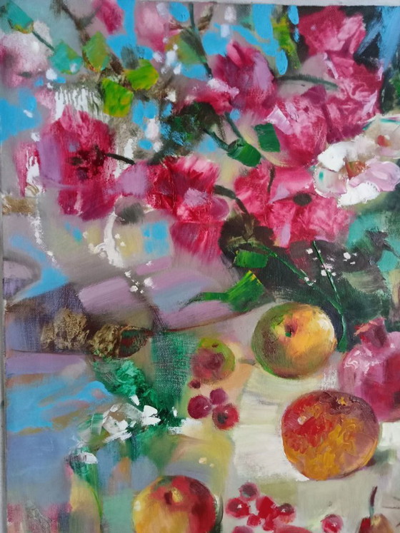 Peinture à l'Huile Originale Fleurs Abstraites Pommes Fruits – Peintures et dessins, Canvas (photo 5 of 8)