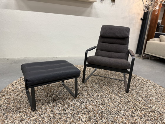 Image 1 of Leolux Indra Sessel mit Fußhocker Blauer Lederstoff