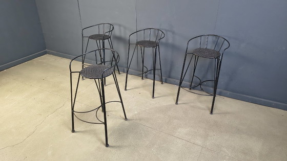 Image 1 of Tabourets de bar vintage en fer forgé et rotin, lot de 4 - années 1970