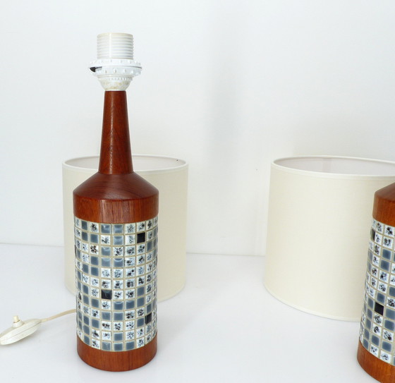 Image 1 of Pair of Scandinavian Teak and Mosaic Table Lamps, Denmark 1960