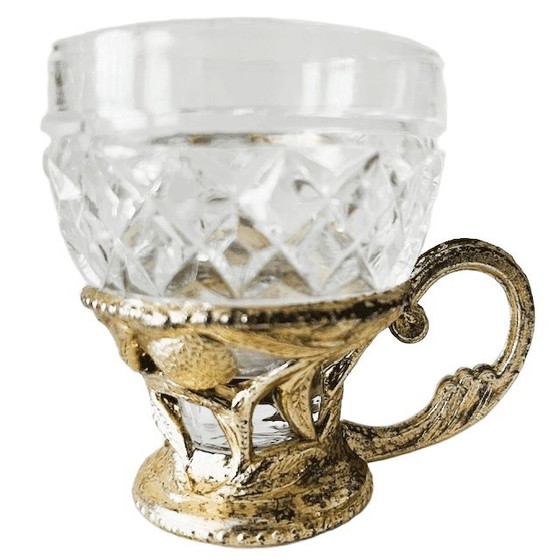 Image 1 of Vintage set of glass coffee cups in gold plastic holder 1970s