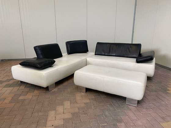 Image 1 of Montel White Real Leather Corner Sofa + Stool