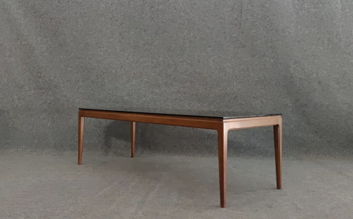 Mesa de centro de teca con cristal, diseño de mediados de siglo, años 60, vintage.