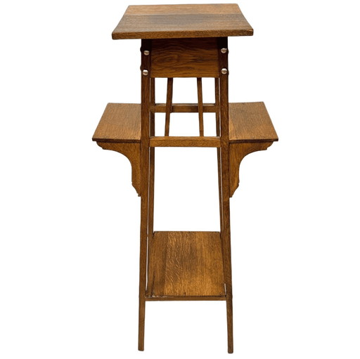 Antiker Pflanzentisch im Arts-and-Crafts-Stil mit seitlichen Ablagen, Eiche, 1890er Jahre