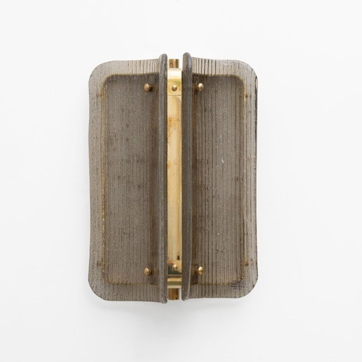 Pair of Curved, Grey Ribbed Murano Glass and Brass Wall Sconces