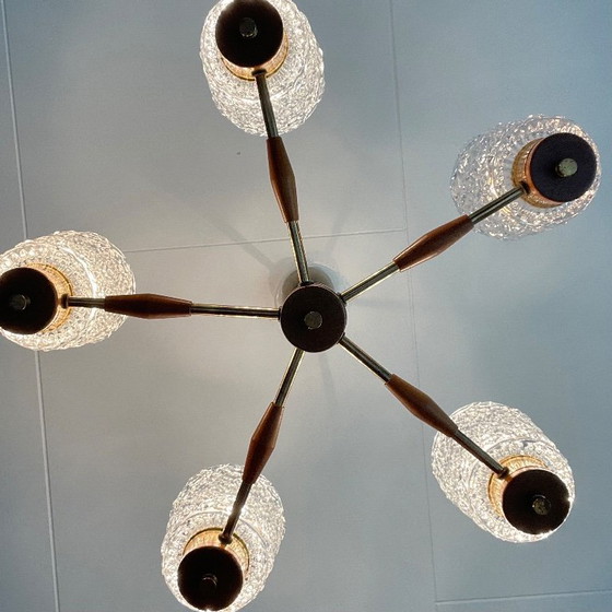 Image 1 of Mid-Century Swedish Chandelier in Teak, Brass & Pressed Crystal — 1960s Scandinavian Lighting