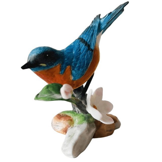 Image 1 of Vintage Franklin Mint Birds and Blossoms vogelbeeldje Eastern Bluebird porselein 1986