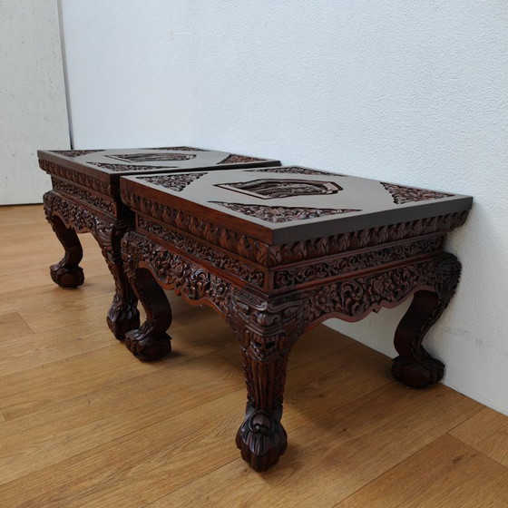 Image 1 of Set Oosterse salontafels, bijzettafels hout. Hand gestoken Aziatisch. SET PRIJS