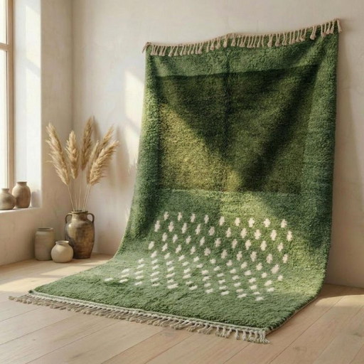 Prachtig handgemaakt olijfgroen vloerkleed van 200 cm x 300 cm.