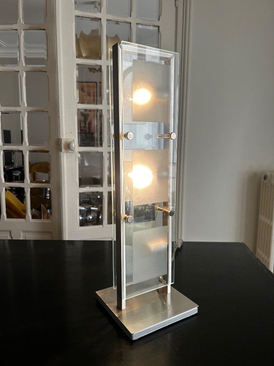 Chrome-plated metal and glass lamp, 1990 – Table lamps (photo 6 of 12)
