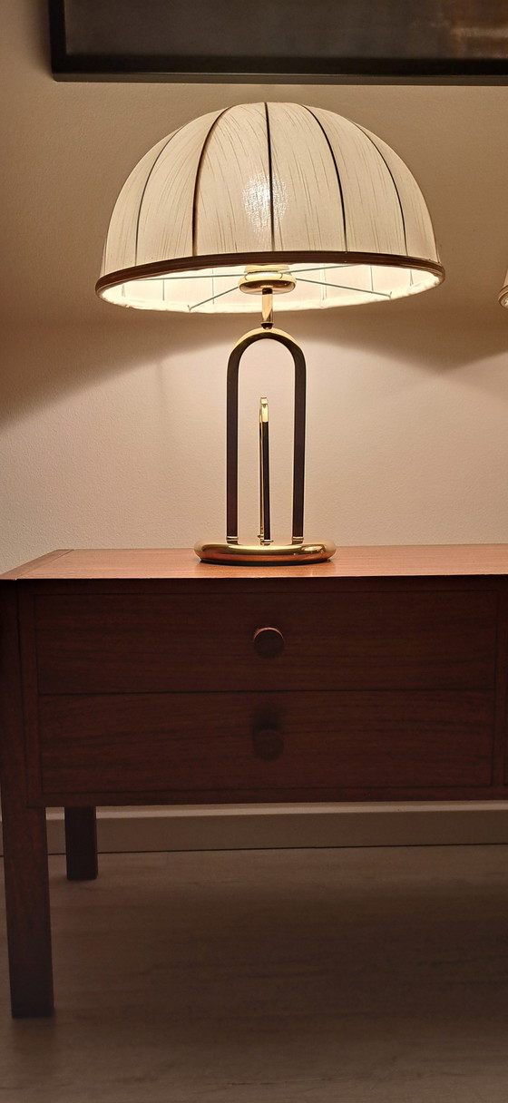 Image 1 of Pair of Hollywood Regency Brass Table Lamps with Pleated Dome Shades – Vintage 1970s – 50 cm