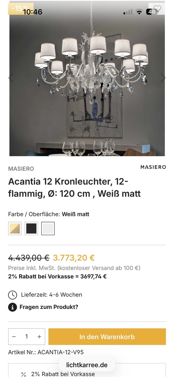 Image 1 of MASIERO
Lampadario Acantia 12, 12 luci, Ø: 120 cm, Bianco Opaco

