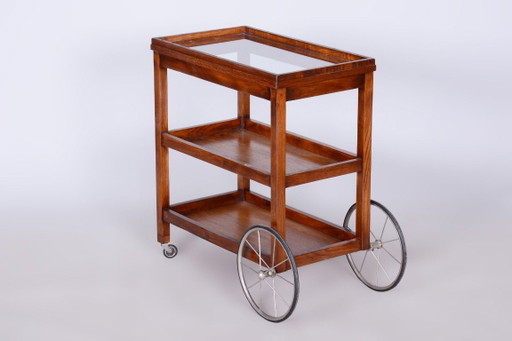 Gerestaureerde art-deco trolley van Thonet, eikenhout, glas, fineer, chroom, Tsjechisch, jaren 1920. – serveerwagens, Wood