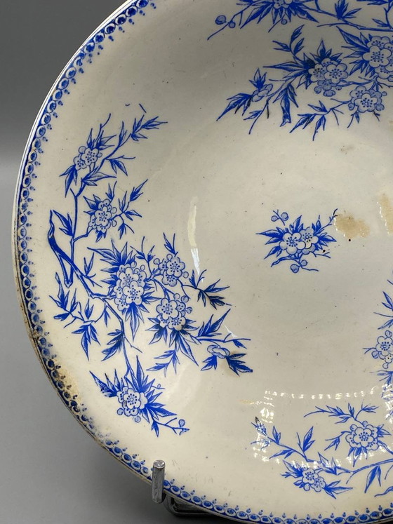 Antique Creil et Montereau Fine Earthenware Compote Dish, Blue Japonisme Decor, Bamboo and Plum Tree (photo 3 of 7)