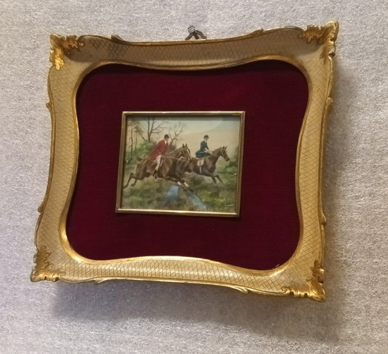 Image 1 of Signed 19th Century English Oil on Canvas Miniature Hunting Scene