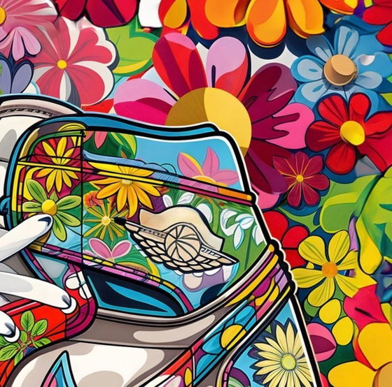 Image 1 of Treize : Nike Jordan par Takashi Murakami. Signé à la main et numéroté 6/10. Cadre en bois inclus. En excellent état.