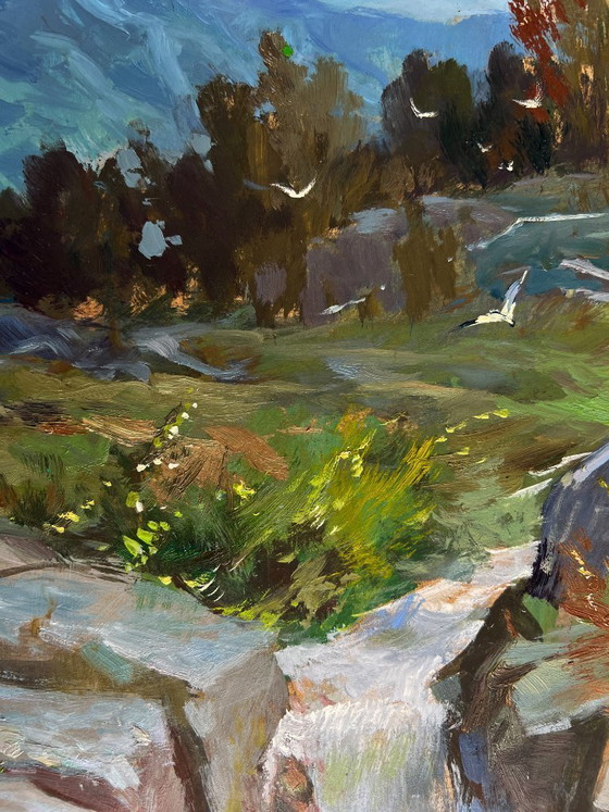 Image 1 of Original Oil Painting Summer Nature Landscape Mountain waterfall