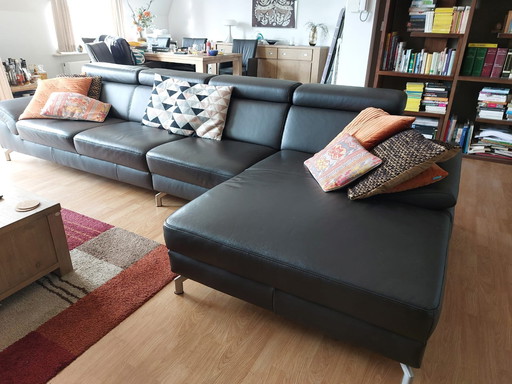 Montel Brown Leather 5-Seater Sofa With Chaise Longue