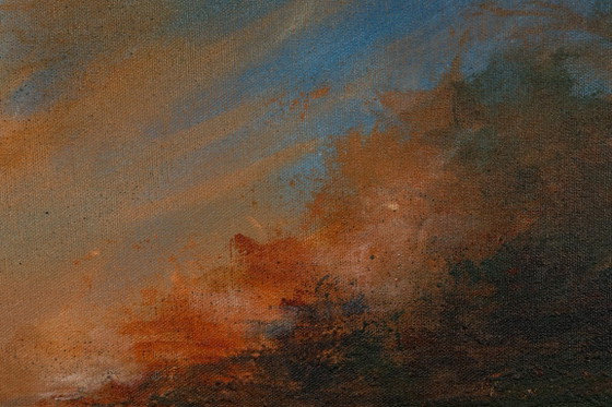 Large Original Blue and Orange Abstract Landscape Painting, Textured Acrylic Canvas - Whispering Embers (photo 12 of 23)