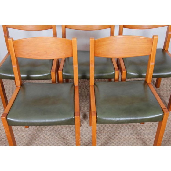 Image 1 of Set van 6 massief iepenhouten en lederen stoelen van Self, 1980.