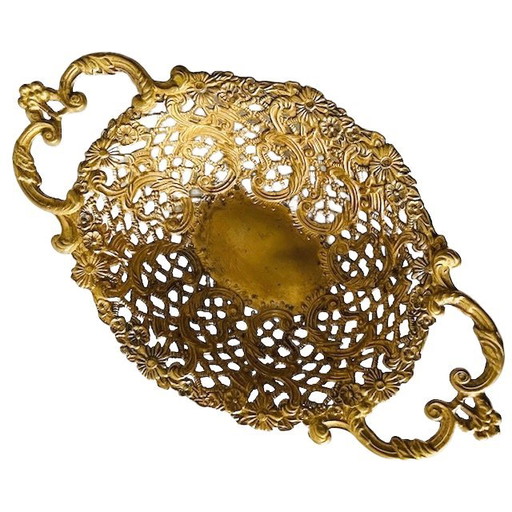 Cesta de fruta italiana vintage de latón con filigrana barroca, años 60