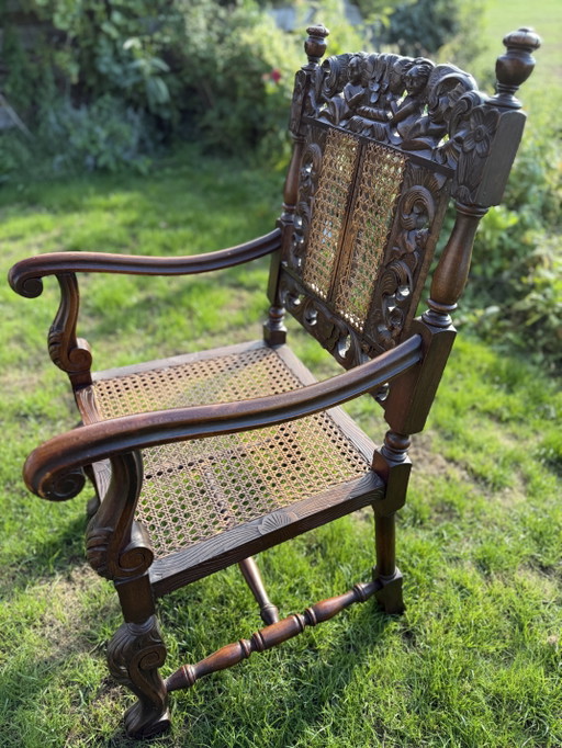 Antique English Carolean Armchair C.1900 – Carved Oak – Cherubs – Cane – fauteuils, Rattan, Wood (photo 2 of 9)