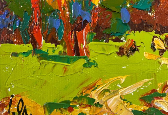 Image 1 of Original Oil Painting Colorful Trees Landscape Summer evening in the forest