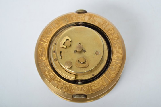 Image 1 of Astronomical Zodiac Clock / Brass & Celestial Blue Planet / 'Europa' 7 Jewels Desk Alarm Clock / Mid-Century Modern Vintage